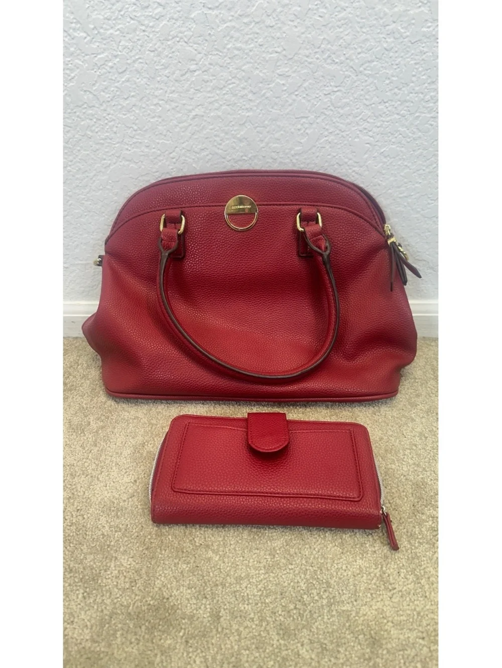 Liz Claiborne Red Dome Satchel Textured Faux Leather Matching Wallet Set